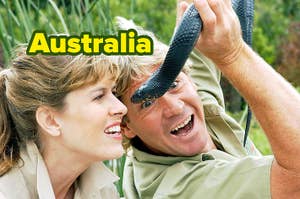 Terri and Steve Irwin holding a snake, both are smiling, with text "Australia" above