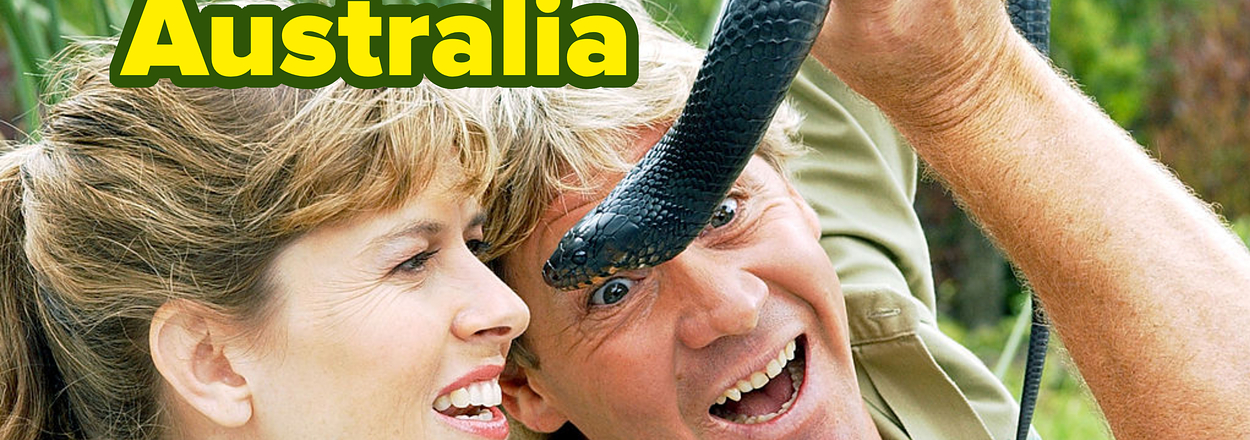 Terri and Steve Irwin holding a snake, both are smiling, with text "Australia" above