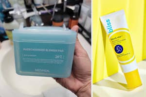 A person holding a Mediheal blemish pad container and Bliss sunscreen tube