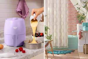 Two compact kitchen appliances, a purple air fryer on the left and a pastel bathroom setting on the right