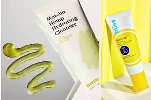 Matcha Hemp Hydrating cleanser and Bliss Block Star SPF; both against a neutral backdrop