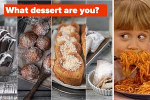 Collage of various desserts with text "What dessert are you?" and a child eating pasta in bottom right corner