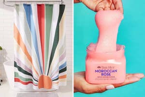 Left: Striped shower curtain. Right: Hand holds Tree Hut Moroccan Rose Shea Sugar Scrub