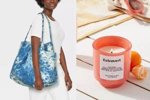 Model carrying a tie-dye blue patterned tote bag; image of a candle labeled "Extrovert" with orange slices