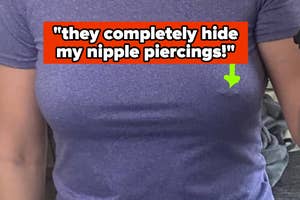 Person in a T-shirt with a quote about nipple piercings being concealed