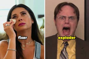 Two TV show characters with labels: one labeled "fixer" wiping a tear, the other "exploder" with a shocked expression