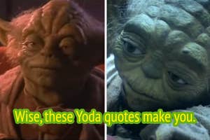 Two side-by-side shots of Yoda from Star Wars, one from the original trilogy, one CGI from prequels