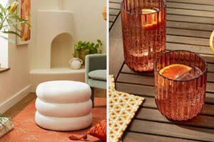 Two home decor scenes: left, a cozy nook with a rounded shelf and cushion; right, a close-up of a textured glass with a drink on a deck
