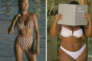 Two-part image: Left - Woman in patterned bikini posing. Right - Person holding up "Surf Shacks" book covering face