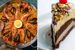 A seafood paella on the left, and a slice of layered cake topped with nuts on the right