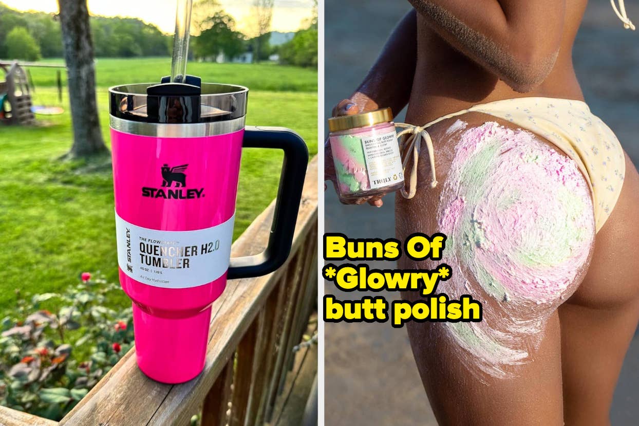 reviewers pink Stanley cup and model with butt polish on booty