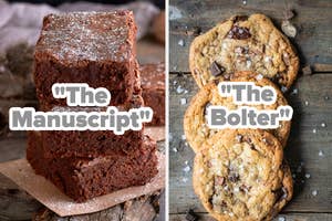 Two images side by side; left shows a chocolate cake titled "The Manuscript," right shows a cookie titled "The Bolter."