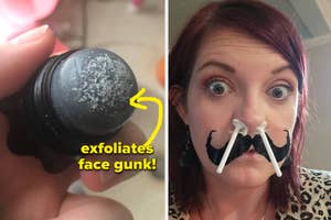 Reviewer holding octopus exfoliator scrubber with gunk on it and reviewer demonstrating nose waxing kit