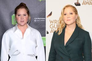 Split image; left side features Amy Schumer in a white blouse, right side shows her in a dark green blazer