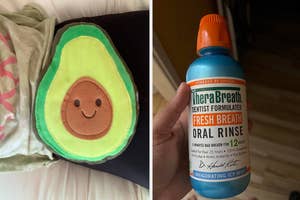 reviewer lying with smiling avocado heating pad on stomach and reviewer holding bottle of therabreath oral rinse