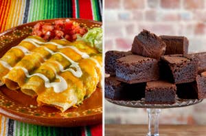 Split image of enchiladas with sauce on a plate and a plate of brownies