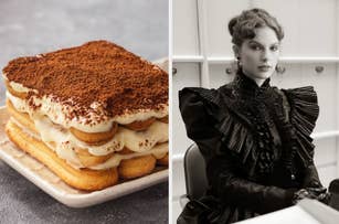 A tiramisu dessert on a plate; Taylor Swift in an ornate black ruffled outfit