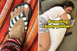 Two images: left, a person's feet wearing a thong sandal; right, reviewer asleep hugging a cooling body pillow