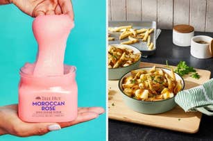 Hand scooping pink Moroccan Rose shea sugar scrub from jar; bowl of fries in a small cast iron skillet
