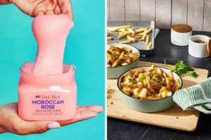 Hand scooping pink Moroccan Rose shea sugar scrub from jar; bowl of fries in a small cast iron skillet
