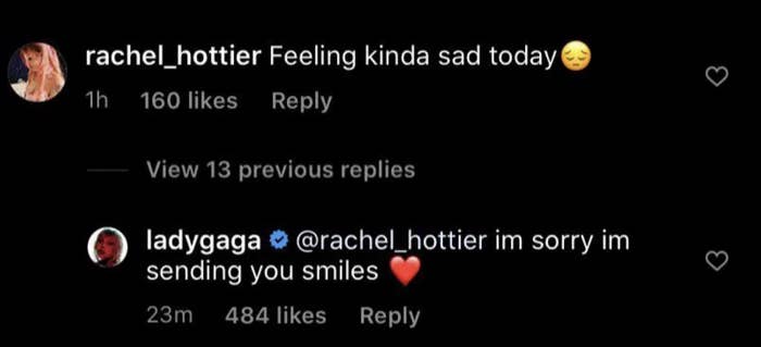 Screenshot of Lady Gaga&#x27;s Instagram comment
