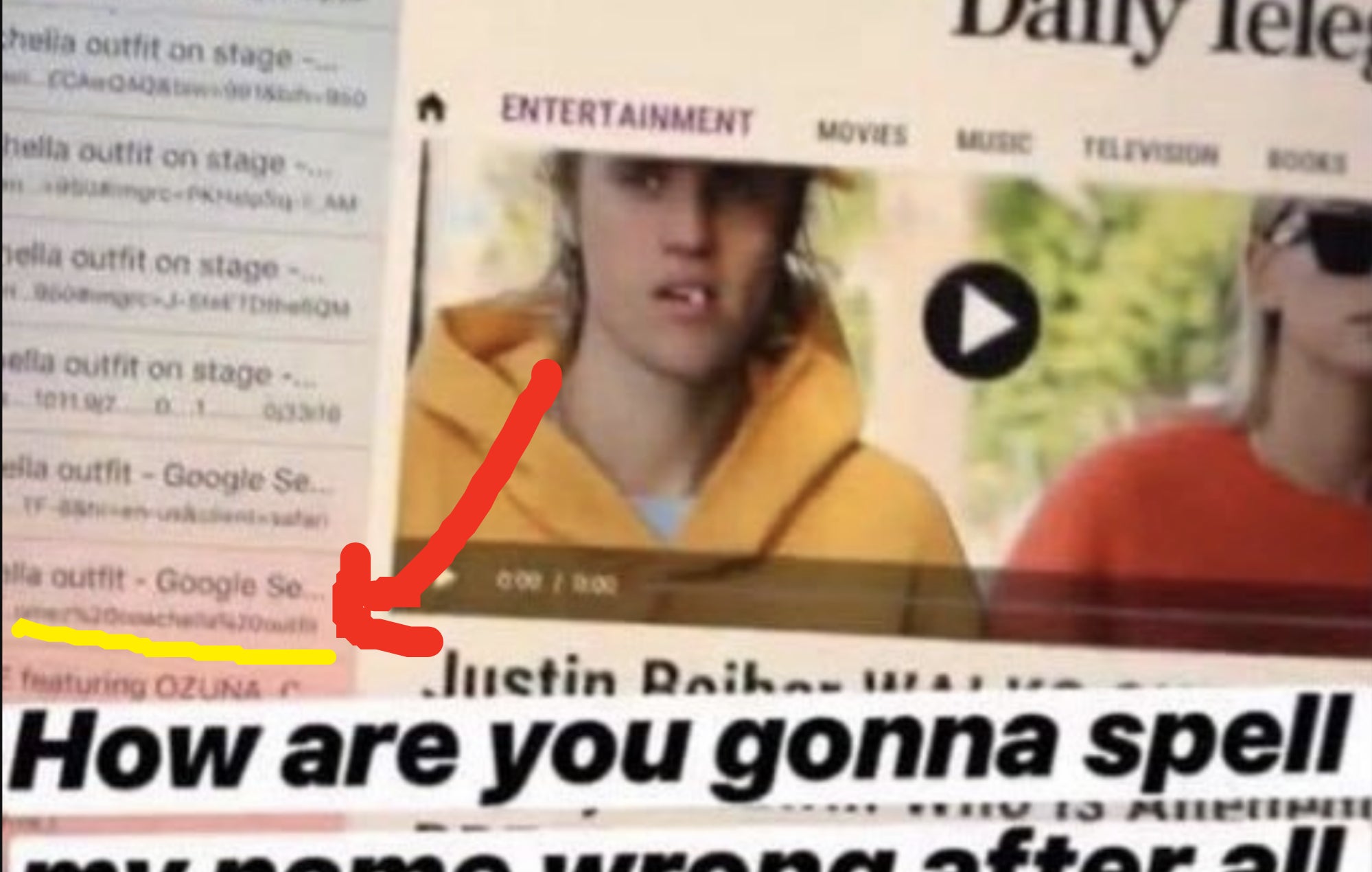 screenshot of Justin expressing surprisse at a news headline that misspells his name, and an arrow pointing to &quot;Gomez Coachella outfit&quot; in his search history