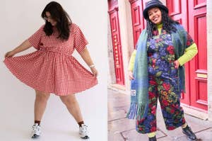 Two models showcasing plus-size fashion with stylish outfits, one in a gingham dress, the other in a patterned jumpsuit