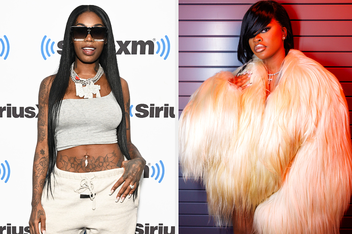 Split image: Left, Summer Walker in crop top and joggers; right, Megan Thee Stallion in fluffy coat. Both posing