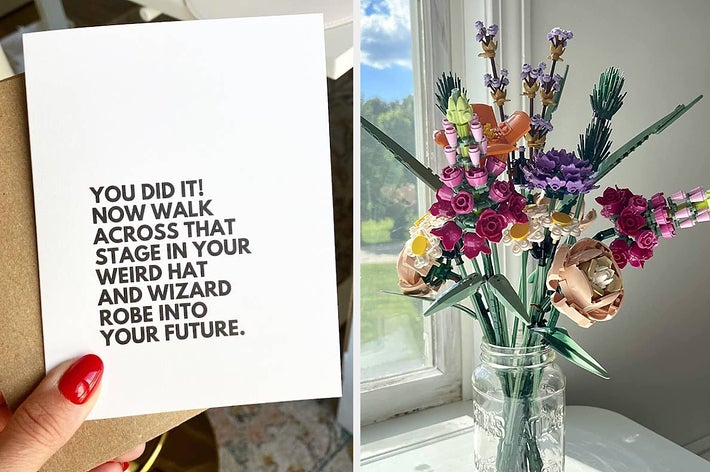 A graduation card and a bouquet of Lego flowers