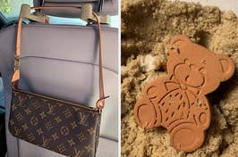Designer handbag with monogram hanging from a car seat, and a sand-imprinted cookie shaped like a cartoon bear