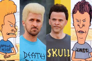 Mike Judge and Johnny Pemberton posing, with Beavis and Butt-Head characters drawn below them