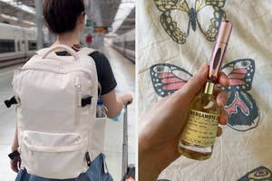 reviewer wearing white travel backpack, hand filling up travel perfume atomizer from full-size perfume bottle