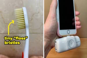 Two images side by side; left shows a close-up of a toothbrush with unique bristles, right displays a smartphone atop a portable charger