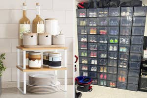 Two images side by side; left: a neatly organized kitchen cart, right: an over-the-door shoe organizer displaying various shoes