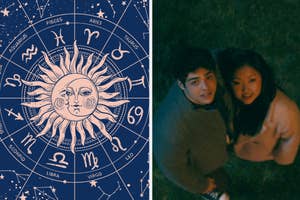 Illustrative zodiac chart with symbols and Pete and Laura-Jean from "To All The Boys I've Loved Before"