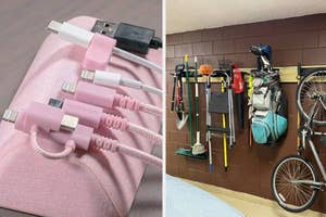 Assorted tech accessories on pink fabric; organized tools and bike on a garage wall storage system