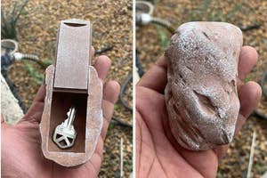 Person holding a rock-shaped key hider with keys inside, suitable for discreet outdoor key storage