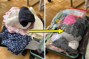 Before and after of a suitcase, first messy with clothes, then neatly packed with space-saving bags