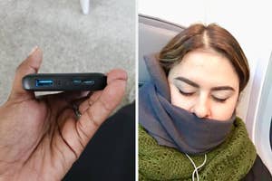 reviewer holding portable power bank, reviewer wearing Trtl neck pillow while sleeping in airplane seat