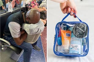 reviewer using inflatable wedge pillow to sleep at airport, hand carrying TSA-friendly clear travel case with beauty essentials