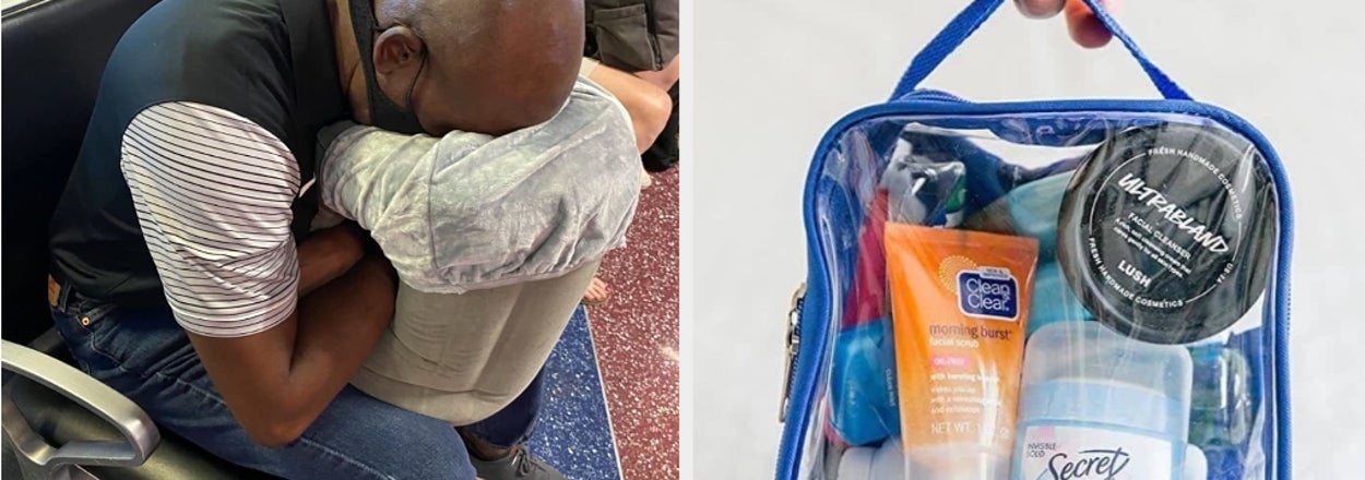 reviewer using inflatable wedge pillow to sleep at airport, hand carrying TSA-friendly clear travel case with beauty essentials
