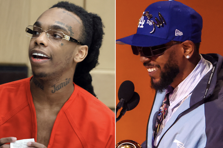 Two artists at events; YNW Melly wearing glasses and an orange outfit, Kendrick Lamar with sunglasses and a cap, both smiling