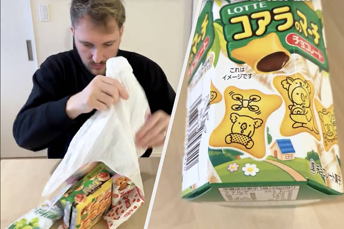 男性がテーブルに座り、袋から商品を取り出している。隣にLOTTEのコアラのマーチの箱がある。