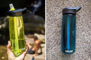 Two Camelbak water bottles held up, one green and one blue, with a focus on their design and features for shopping context