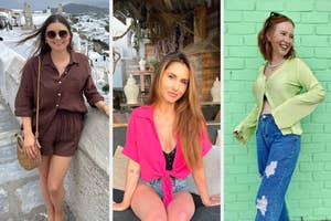 Three women posing in different casual outfits suitable for a shopping article on spring fashion trends