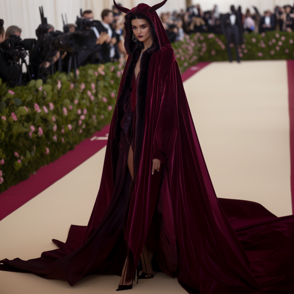 Person in a long velvet cape with horns, posing on a carpeted event