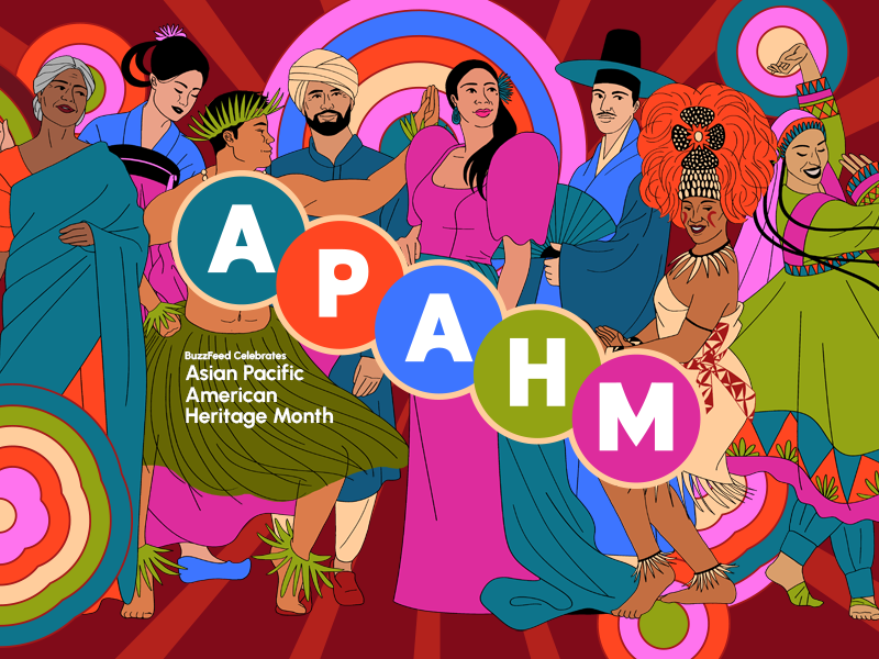 Graphic celebrating Asian Pacific American Heritage Month with diverse illustrated figures and &quot;APAHM&quot; in large letters