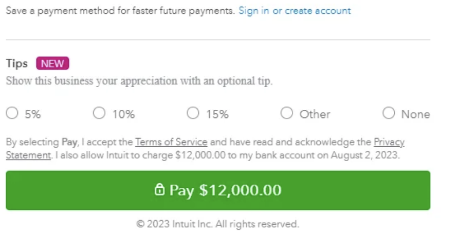 Payment screen with options for tipping and a highlighted agreement to pay $12,000,000.00 with terms and privacy statement links