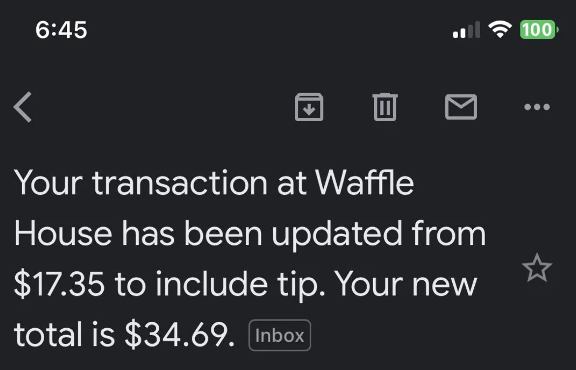 Screen showing a transaction update at Waffle House including tip, with new total of $34.69