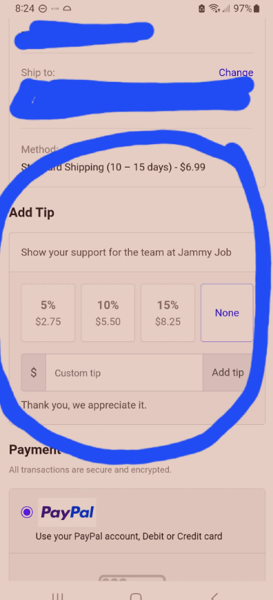 Screenshot of a mobile checkout screen with an option to add a tip for the team at Jammy Job, with preset percentages and a custom tip field